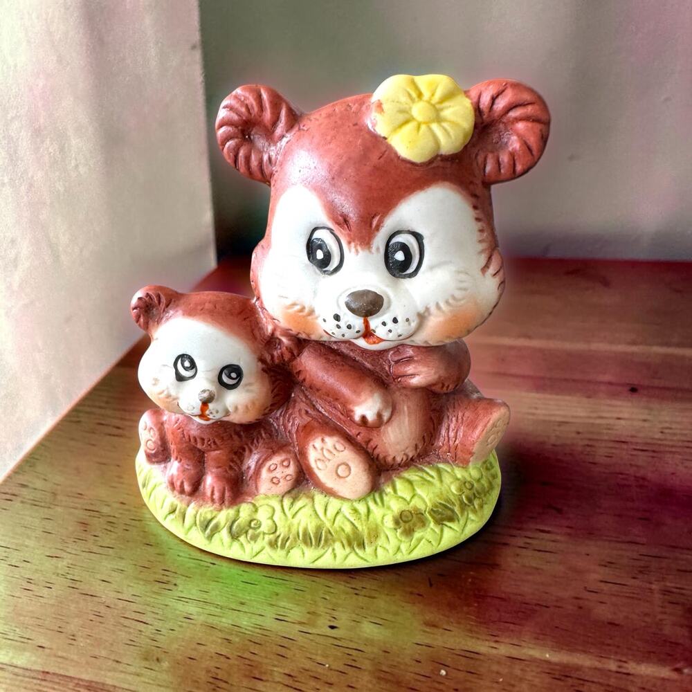 Vintage Taiwan Ceramic Mother Bear Baby Cub Figurine Bisque Flower Cottagecore